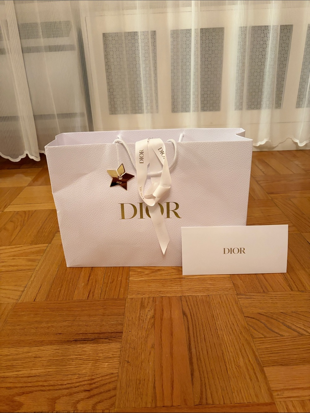 Dior White Tote Bag with Gold Logo and Ribbon
